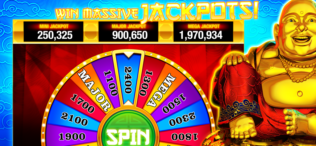 Golden Spin - Slots Casino - Ruota del jackpot di Golden Spin Slots Casino con un Buddha fortunato sorridente e valori dei premi enormi
