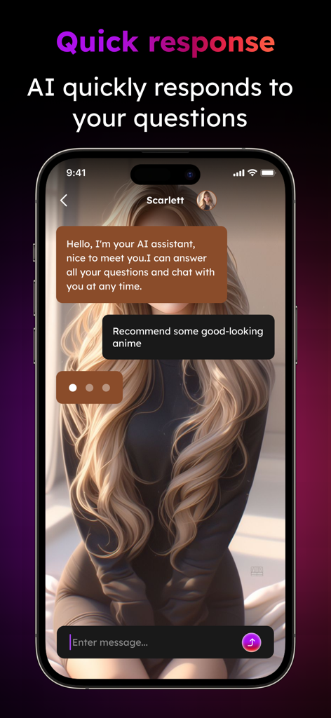 Intelligent Master-AI Chat - Pantalla móvil de la aplicación Intelligent Master AI Chat que muestra un chat con una asistente virtual llamada Scarlett