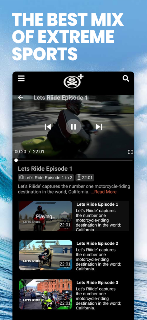 Interfaz de la aplicación Extreme Plus TV mostrando un reproductor de video con un episodio de motociclismo y una lista de próximos episodios