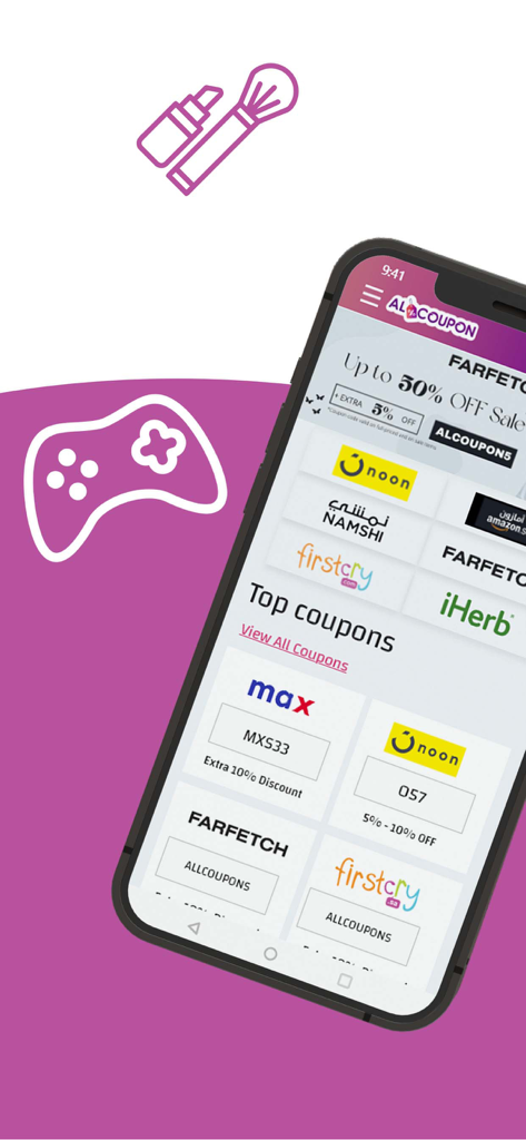 Alcoupon: Coupons, Discounts - Alcoupon app interface displaying top discount codes for retailers like Noon, Farfetch, and Max