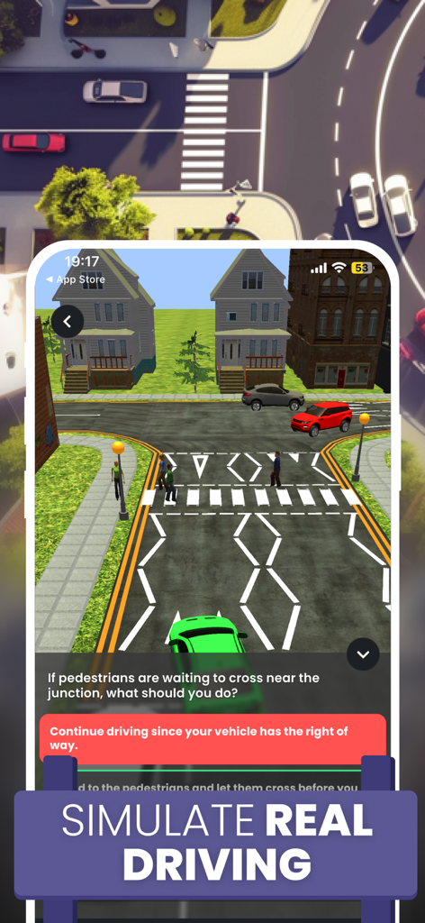 Learn UK Driving Theory Test - A 3D simulation of a car approaching a pedestrian crossing with a driving theory test question on screen