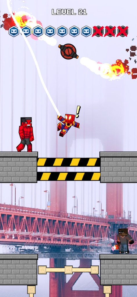 Mr Spider Hero Shooting Puzzle - Eroe ragno pixelato che si dondola su una ragnatela in un livello con nemici squadrati e uno sfondo a ponte.