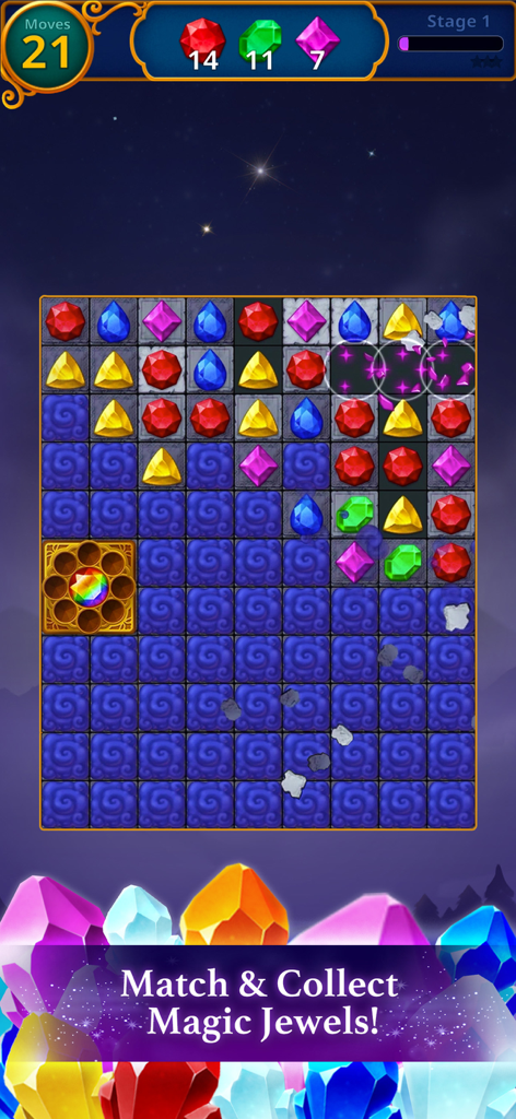 Gameplay of Jewels Magic Mystery Match 3 showing a puzzle grid with colorful gems and a move counter.