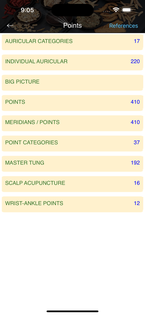TCM Clinic Aid - A menu in the TCM Clinic Aid app listing various acupuncture point categories such as Auricular, Meridians, Master Tung, and Scalp Acupuncture.