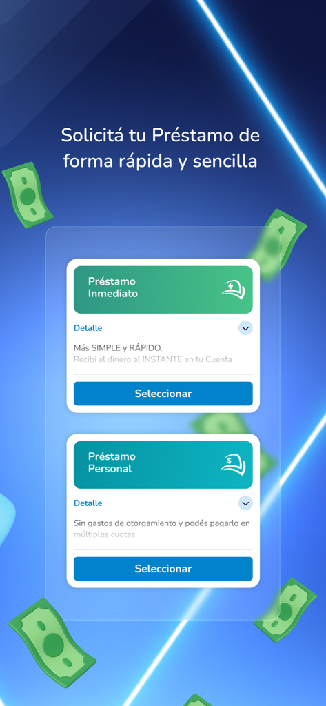 Carrefour Banco - Carrefour Banco App-Oberfläche zur Anforderung von Sofort- und Privatkrediten mit schwebenden Geldillustrationen