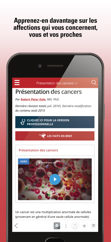 Le Manuel MSD grand public - Interface de l'application Le Manuel MSD grand public affichant un article sur les cancers en français avec une miniature vidéo.