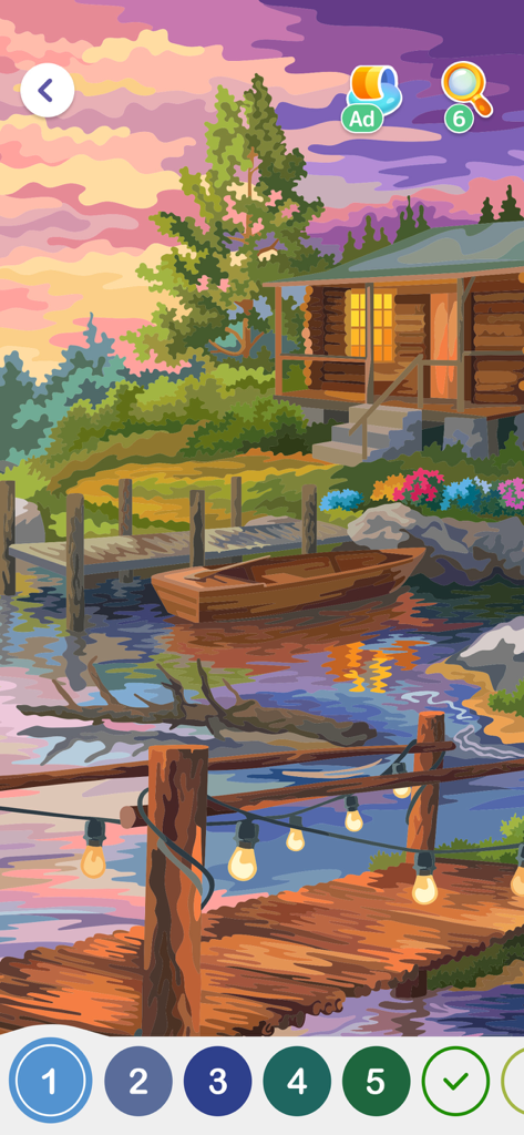 Paint by Number Oil: Hey Color - Nummern-Malerei-Gameplay zeigt eine gemütliche Blockhütte an einem See bei Sonnenuntergang