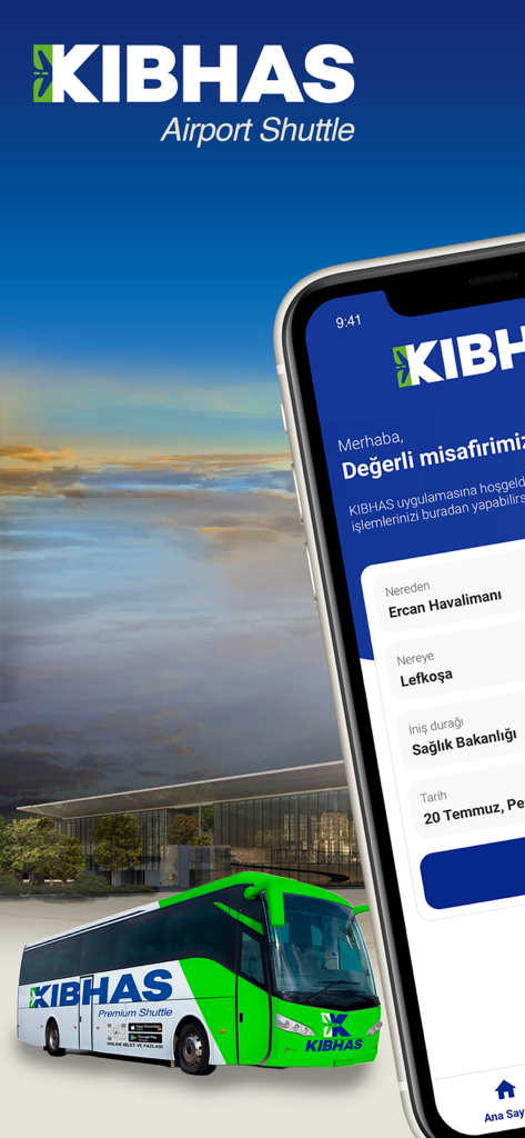 KIBHAS mobile app interface for airport shuttle booking with a green and white bus