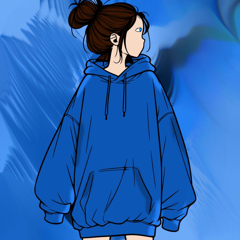 realistic girl with a oversized sweatshirt on and a bun