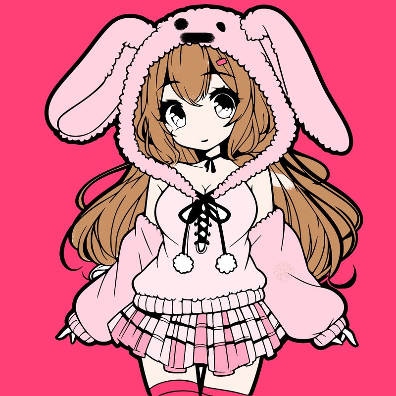 pretty anime girl wearing a fluffy hoodie with bunny ears on the hood and a skirt