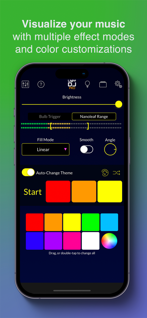 Light DJ Pro for Smart Lights - Light DJ Pro app interface showing music visualization and color palette customization options