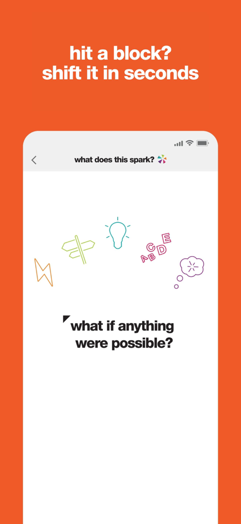 Brainsparker Creativity Coach - Brainsparker app screen showing a creative prompt card with the question what if anything were possible