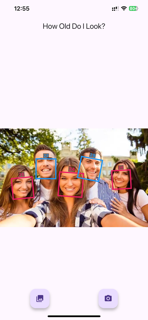 How Old Do I Look? Age Camera - Group of friends taking a selfie with the app detecting and displaying their estimated ages