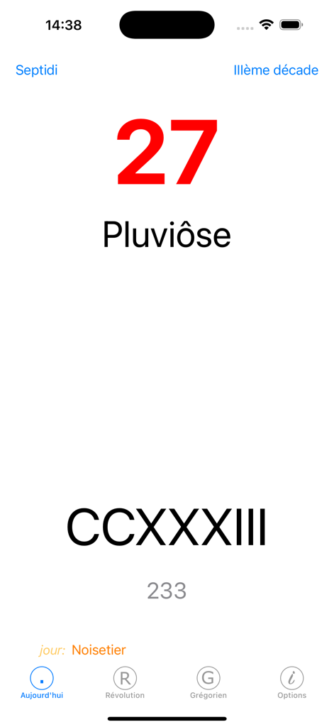 La interfaz de la aplicación Prairial que muestra la fecha revolucionaria francesa 27 Pluviose Año 233