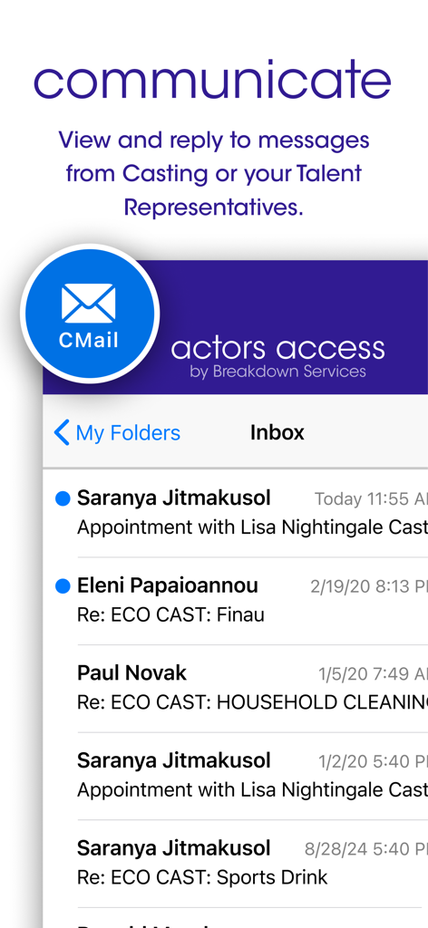 Actors Access app cMail inbox displaying messages and audition notifications from casting directors
