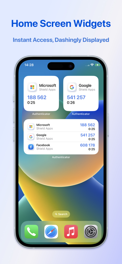 Home screen widgets showing 2FA codes for Microsoft and Google accounts on an iPhone.