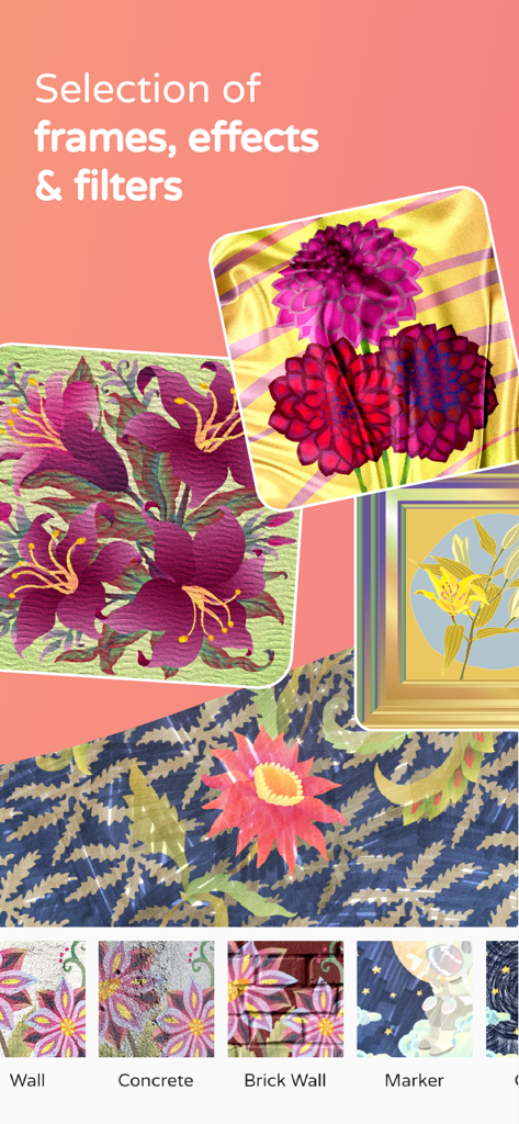 selection of artistic frames and texture effects in color matters coloring app