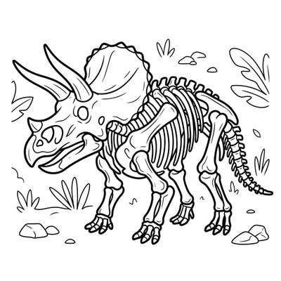 Bring a mighty prehistoric creature to life with our engaging Triceratops skeleton coloring page. This fun design is perfect for young paleontologists aged 4-8, offering clear lines and exciting details to spark creativity.