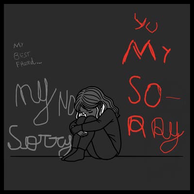 a detailed girl sitting and holding her knees , face in knees crying and nothing around her just blank