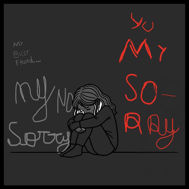 a detailed girl sitting and holding her knees , face in knees crying and nothing around her just blank