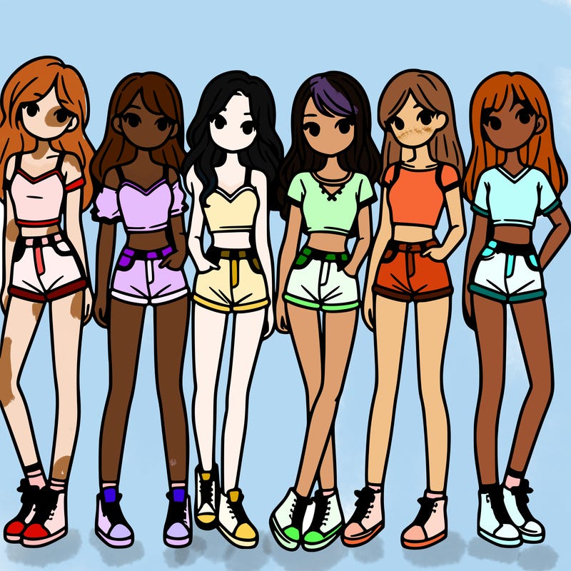 a group of girls wearing crop tops and shorts