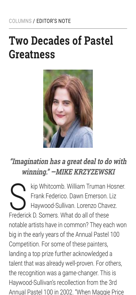 Pastel Journal - Editor's note page from Pastel Journal titled Two Decades of Pastel Greatness featuring an artist portrait.