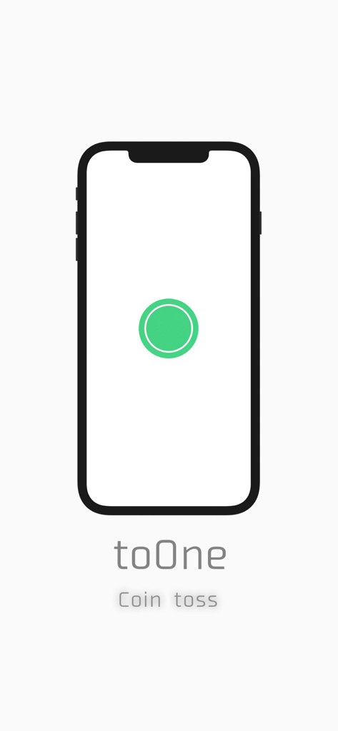 Pantalla de presentación minimalista de la aplicación de lanzamiento de moneda toOne con el contorno de un iPhone
