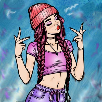 realistic teenage girl with braids and a beanie and crop top doing 🫶🏼