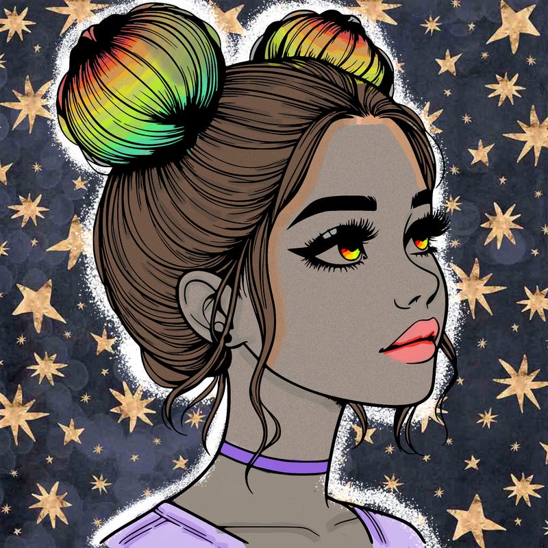 realistic girl with buns on the top of her head