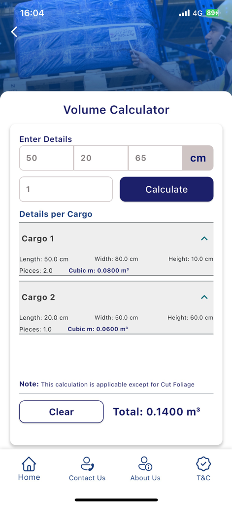 SriLankan Cargo - SriLankan Cargo app volume calculator screen with dimensions input and cubic meter results