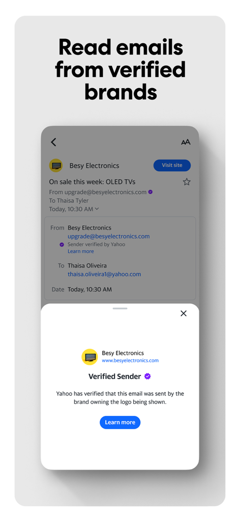 Yahoo Mail app screenshot showing the verified sender feature with a blue checkmark for a brand email.