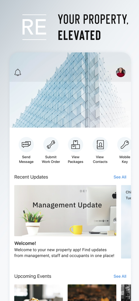 Resident Experience - Tableau de bord de l'application Expérience Résidentielle présentant les mises à jour de la gestion immobilière et les icônes de service