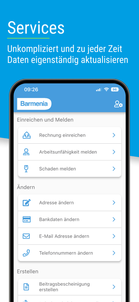 Barmenia - Barmenia mobile app interface showing digital services for insurance claims and account updates