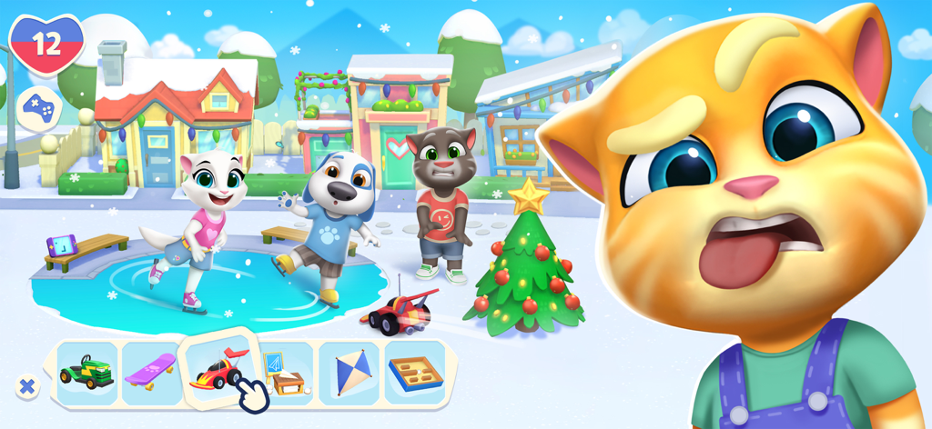 Personajes de Talking Tom and Friends patinando sobre hielo en un barrio nevado durante el invierno con un árbol de Navidad.