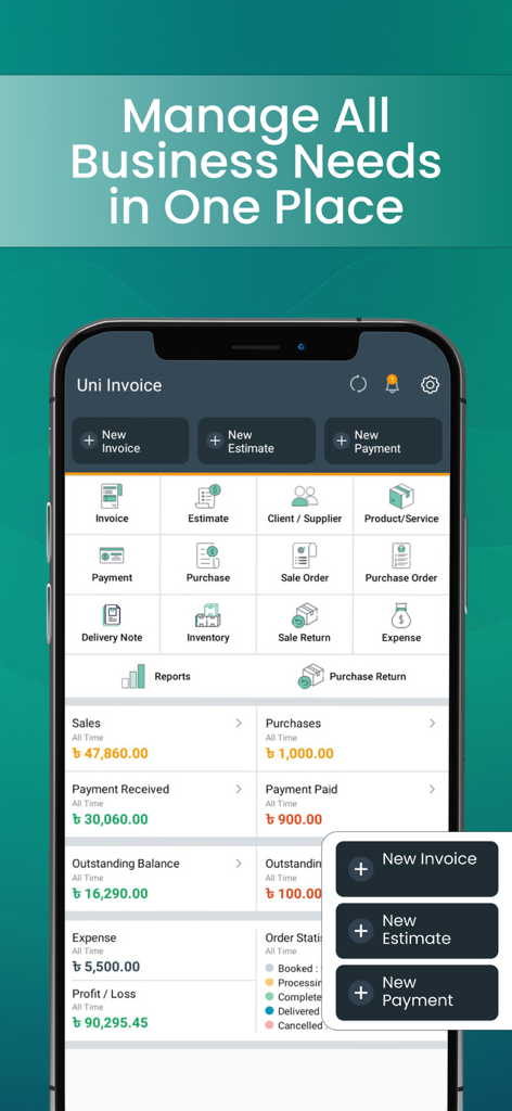 Panel de control de la aplicación móvil que muestra herramientas de gestión empresarial para facturas, gastos y seguimiento de inventario.