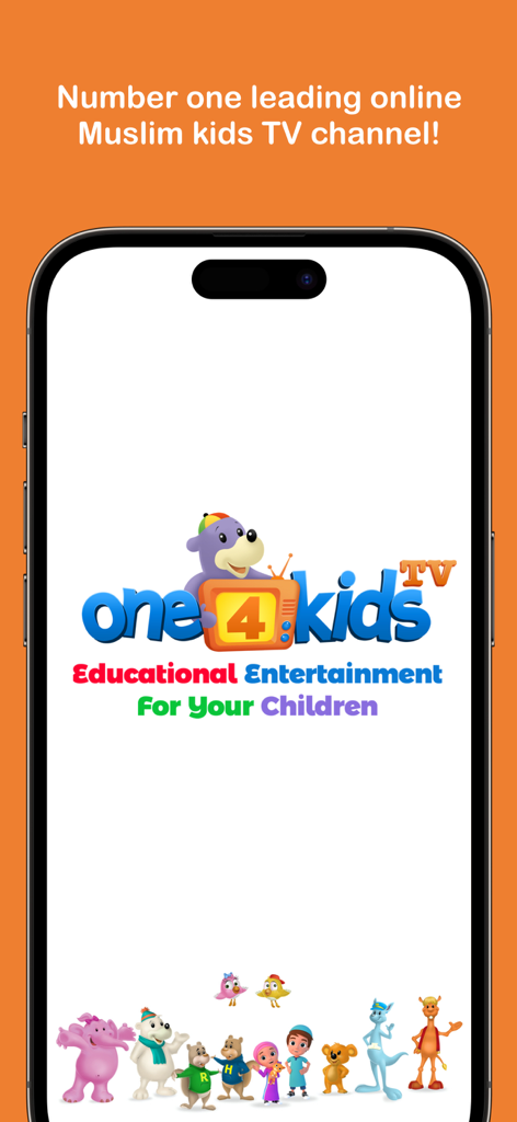 One4Kids TV - Pantalla de bienvenida de la aplicación One4Kids TV con personajes de dibujos animados y contenido educativo para niños musulmanes