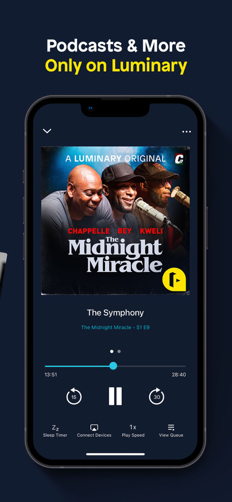 Luminary Podcasts & Originals - Smartphone displaying The Midnight Miracle podcast on the Luminary app
