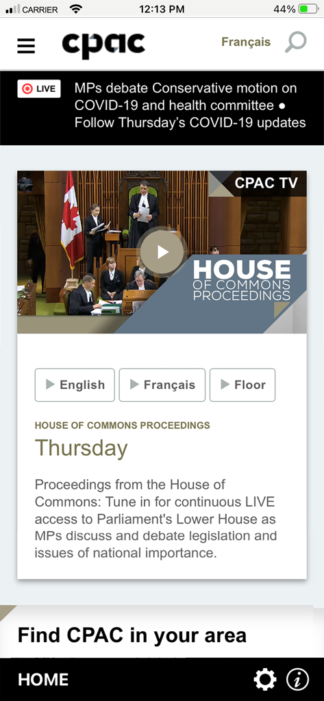 Live stream of Canadian House of Commons on CPAC TV 2 GO app