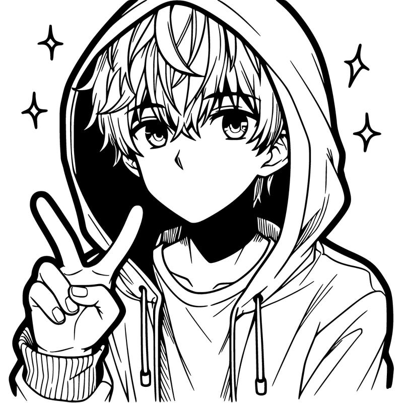 teenage manga boy in a hoodie, doing ✌