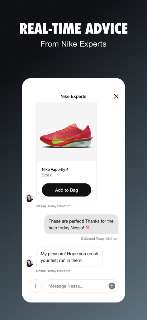 Screenshot der Nike App mit einem Echtzeit-Chat mit einem Nike-Experten für Schuhempfehlungen.