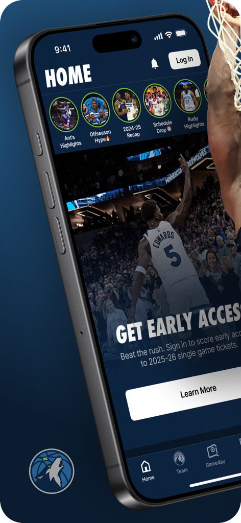 Home screen of the Minnesota Timberwolves mobile app featuring highlights and early ticket access.