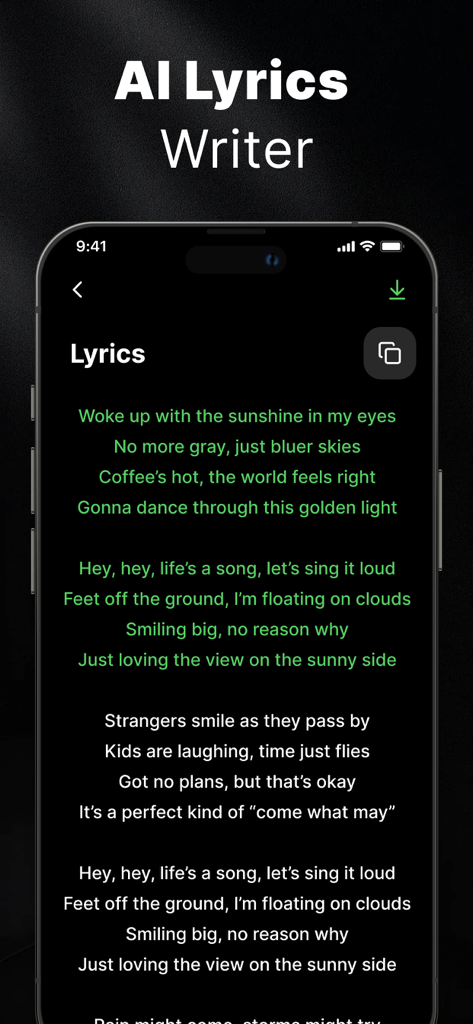 AI Cover&Music Maker ·Bach AI - Pantalla de la aplicación Bach AI que muestra la función AI Lyrics Writer con letras de canciones generadas.