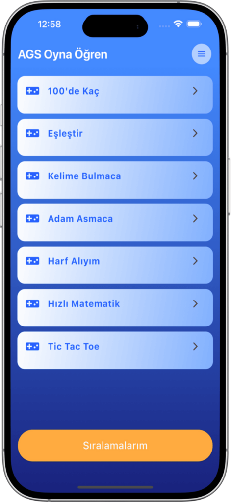 AGS Oyun Akademi Giriş Sınavı - Menú principal de la aplicación Examen de Ingreso AGS Academy mostrando juegos educativos como Rompecabezas de Palabras y Matemáticas Rápidas