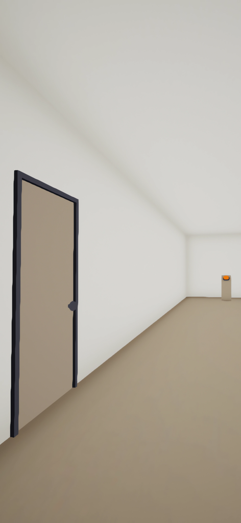 THE CORRIDOR - A minimalist white corridor featuring a closed door and a distant object with an orange light