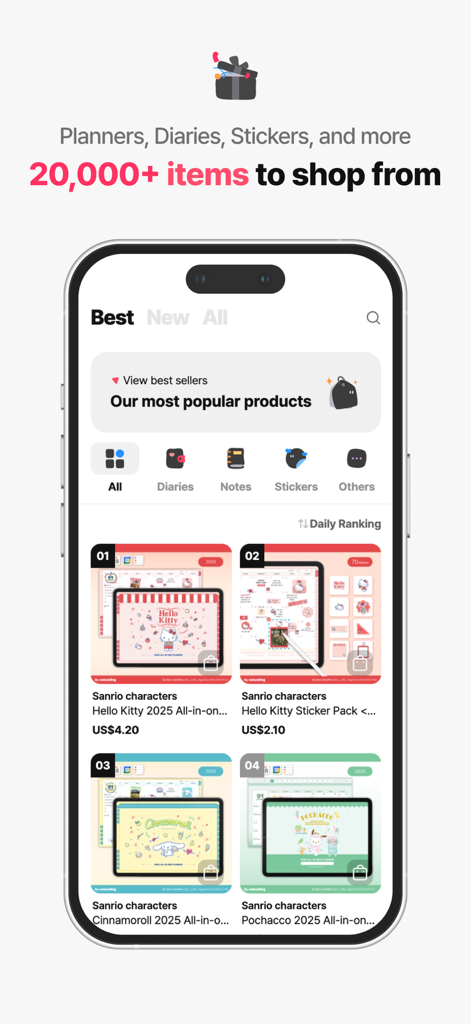Webudding app shop interface featuring Sanrio character digital planners and stickers.
