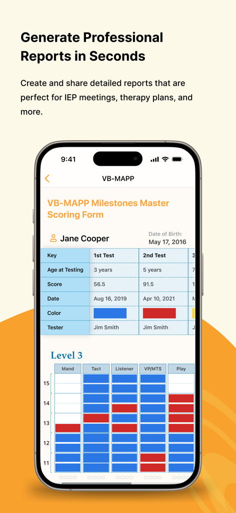 VBMAPP - A digital VB-MAPP milestones scoring form on a smartphone screen showing automated data plotting for student progress