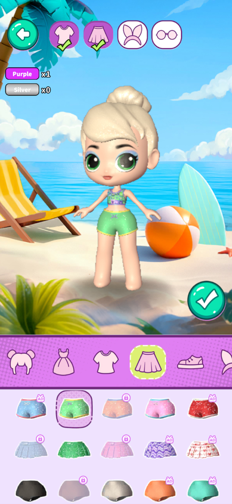 Doll Dress Up Salon - A doll character wearing beach clothes in a tropical shore setting with a clothing selection menu.