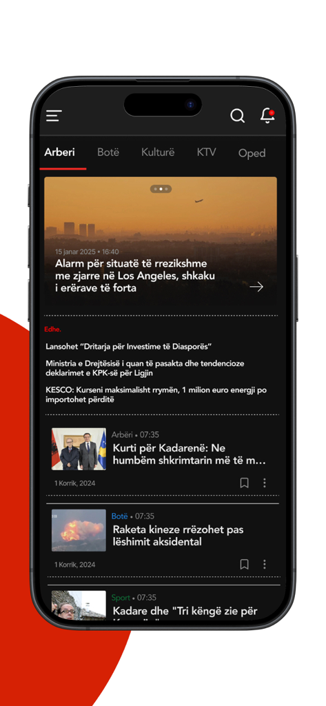 Koha - Mobile interface of Koha news app featuring Albanian headlines and categories