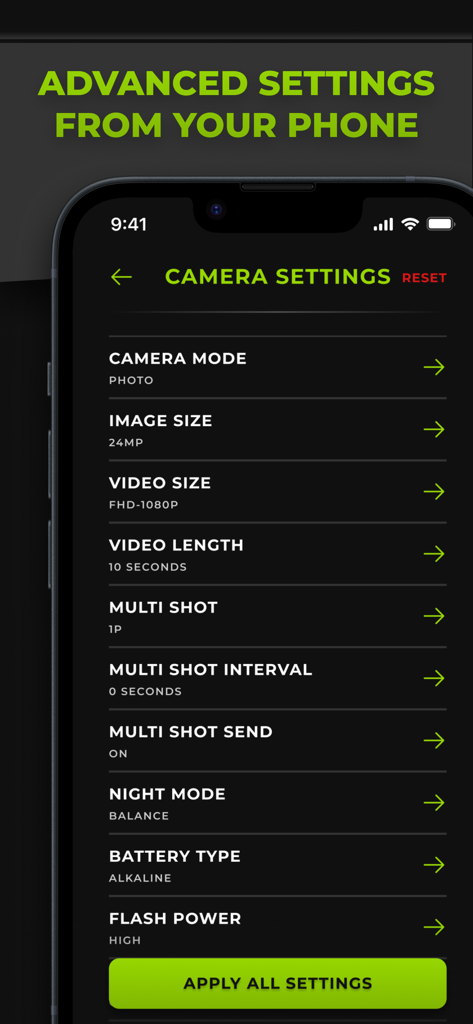 Advanced remote camera settings menu in the Tactacam REVEAL mobile app