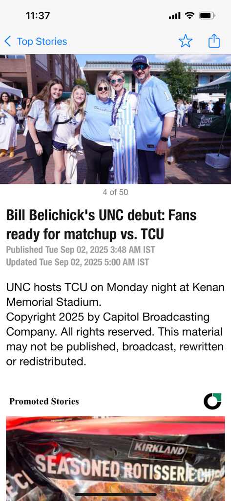 WRAL News Mobile - WRAL News app screen showing a sports article headline about UNC fans.